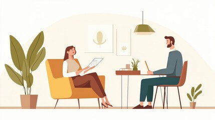 Fototapeta premium Cozy Interior Scene with People Engaged in Conversation in a Stylish Office Environment with Green Plants