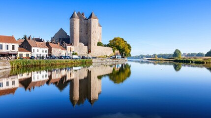Fototapeta premium Scenic view of a castle by a river, reflecting in calm waters.