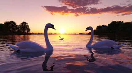 Fototapeta premium Two swans gracefully glide on a tranquil lake at sunset.