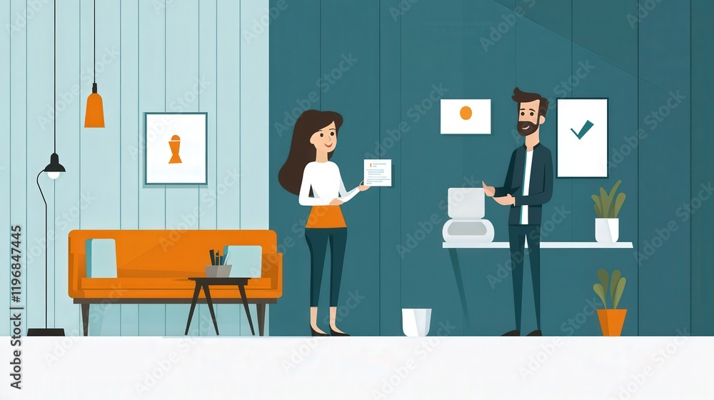 Poster friendly office interaction between two colleagues in a modern workspace with stylish decor elements