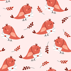 Seamless pattern of cute birds with an envelope. Valentine's Day. Love, romance, relationships. Vector illustration