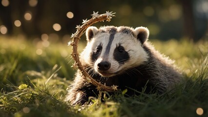 A playful panda sits in a grassy area, adorned with a whimsical crown of thorns.