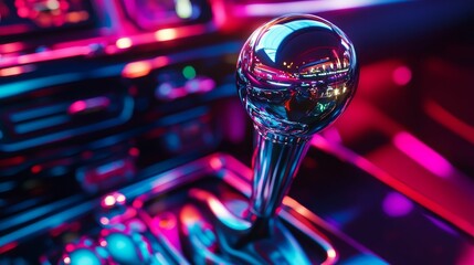 Chrome gear shift, vibrant neon interior.