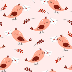 Seamless pattern of cute birds with an envelope. Valentine's Day. Love, romance, relationships. Vector illustration