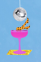 Creative sketch design artwork collage of discoball carefree night party clubber alcohol drink lady...