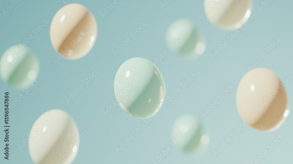 Poster floating spheres: a mesmerizing abstract image featuring a cluster of pastel-colored spheres floatin