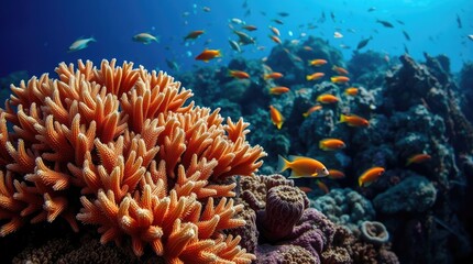 macro close-up of a small subject within an underwater scene, featuring a coral reef and exotic fish 