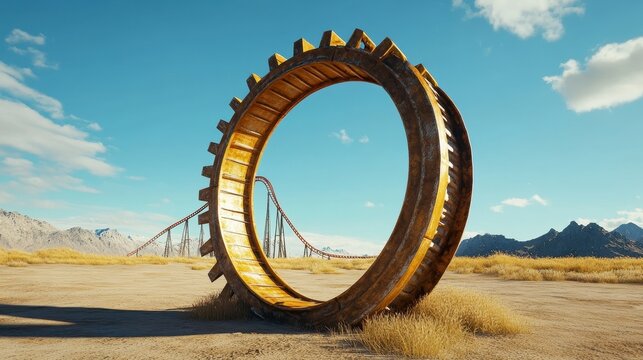 Giant Gear Structure in Desert Landscape with Roller Coaster Background