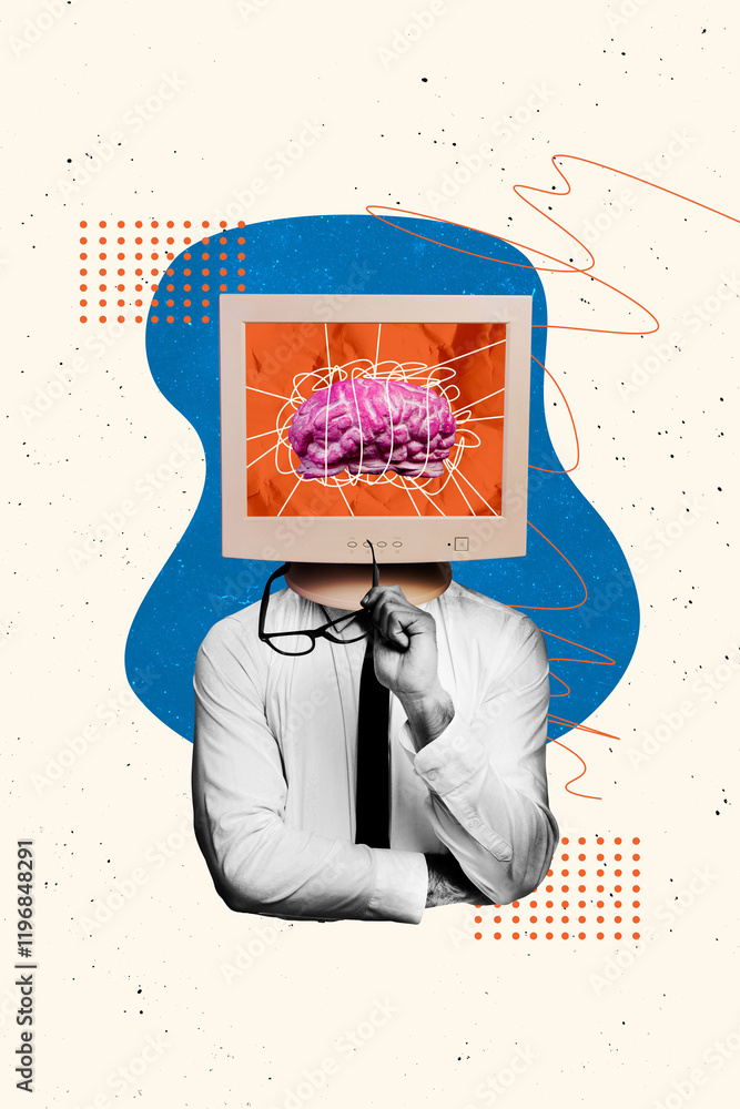 Poster photo poster 3d image collage banner of anonym man instead head pc monitor brain icon artificial int