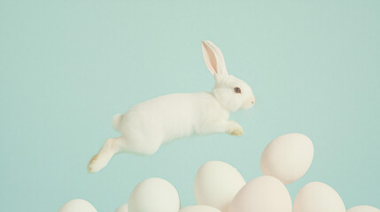 Obraz premium Bunny's Easter Leap: A fluffy white rabbit mid-leap, gracefully soaring over a pile of pastel eggs against a soft blue backdrop. A charming image perfect for Easter or spring themes.