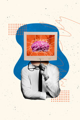Photo poster 3d image collage banner of anonym man instead head pc monitor brain icon artificial...