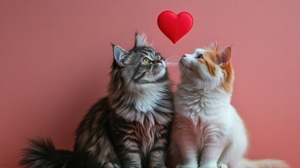 Two loving cats with a red heart on the pink background, st.valentine day concept
