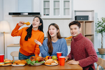 drinks and conversation, social gathering and get together. lifestyle young people, happy and celebrate with food at home.