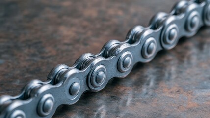 Glistening bicycle chain closeup studio setting macro photography industrial environment high definition focus