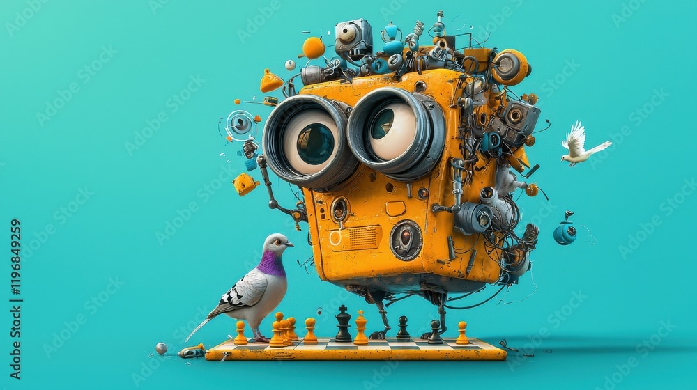 Aufkleber Chess match a cartoon robot vs. Pigeon on a vibrant board playful scene whimsical environment imaginative concept