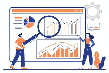 Fototapeta premium data visualization, business analytics, magnifying glass, bar charts, line graphs, infographics, digital dashboard, data-driven decision making, financial statistics, business intelligence, blue and o