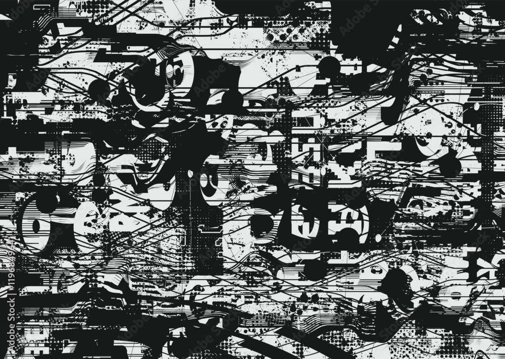 Poster Background with glitch distorted grunge textures . grunge background texture with halftone dots, glitched shapes, textures and lines .Screen print vector background with grunge textured surface.