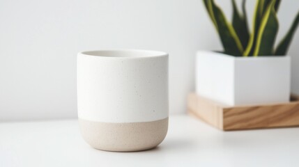 A white and beige coffee cup sits on a table next to a potted plant