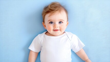 Fototapeta premium Happy baby on blue blanket, studio shot, infant portrait, parenting