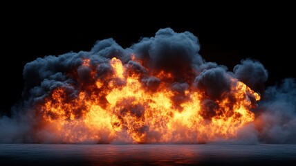 Dramatic fiery explosion displaying bright orange flames studio setting visual effects dark background