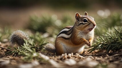 Obraz premium A chipmunk foraging among green foliage in a natural setting.