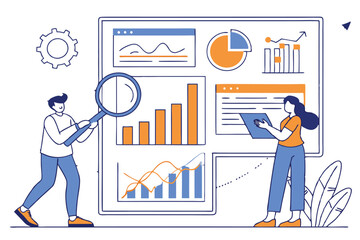data visualization, business analytics, magnifying glass, bar charts, line graphs, infographics, digital dashboard, data-driven decision making, financial statistics, business intelligence, blue and o