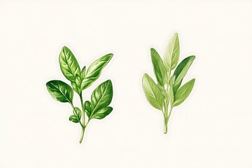 Botanical Illustration: Oregano and Sage Sprigs, Watercolor Style