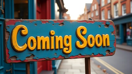 Vibrant coming soon sign with vintage wooden texture, hints at an upcoming business, suitable for social media, local shop announcements, or website banners