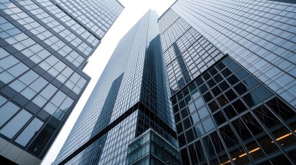 Obraz premium Precise architectural color photography of Toronto's Financial District skyscrapers during a soft rain. The image will highlight reflective surfaces, sharp lines 