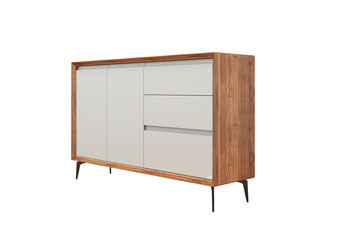 A modern mid-century style sideboard features a walnut wood frame, matte gray cabinet doors and drawers, and black metal legs, viewed from a three-quarter angle.