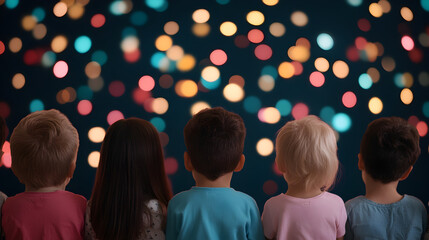 Children watching colorful lights at night celebration photo outdoor back view wonder
