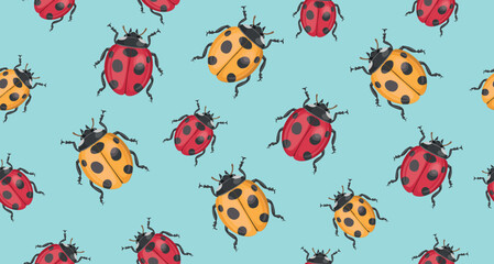 Seamless pattern of ladybug pattern. Realistic ladybug on beige background. Vector.