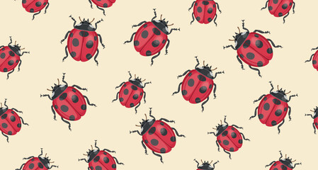 Seamless pattern of ladybug pattern. Realistic ladybug on beige background. Vector. © NADEZHDA