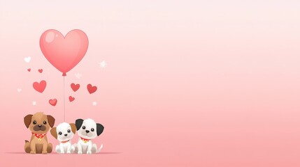 Cute Cartoon Puppies with Heart Balloon and Hearts Background for Valentine's Day or Pet Love Themes