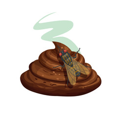 Brown pile of poop with fly vector illustration cartoon style