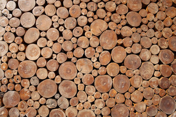 pile of naturial log round teak wood tree stump texture background pattern use for interior wall decoration