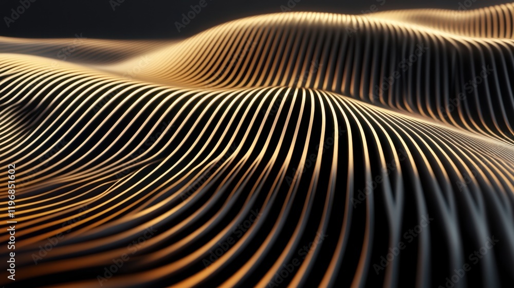 Poster abstract golden waves: a digital 3d rendering of elegant curving lines and dynamic patterns