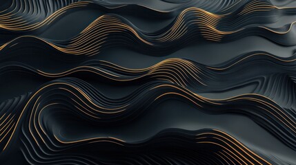 Abstract Dark Waves with Golden Accents: A 3D Rendered Digital Artwork of Elegant, Flowing Lines and Curves