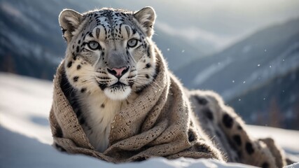 Obraz premium A snow leopard wrapped in a blanket, resting in a snowy mountain landscape.