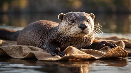 Fototapeta premium A close-up of an otter resting on a textured surface by the water.