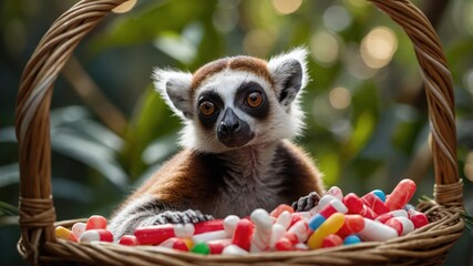 Fototapeta premium A lemur sitting in a basket filled with colorful candy.