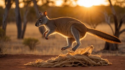 Fototapeta premium A kangaroo leaping over a soft surface during sunset in a natural landscape.