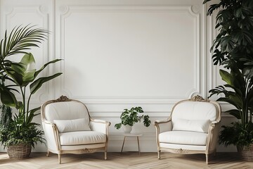 Elegant white armchairs in a classic interior