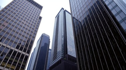 Precise architectural color photography of Toronto's Financial District skyscrapers during a soft rain. The image will highlight reflective surfaces, sharp lines 