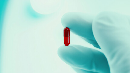 Red Capsule Held by Gloved Hand
