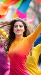 Naklejka premium Vibrant Celebration of Colors with Joyful Woman in Colorful Outfit Dancing at Outdoor Festival Event