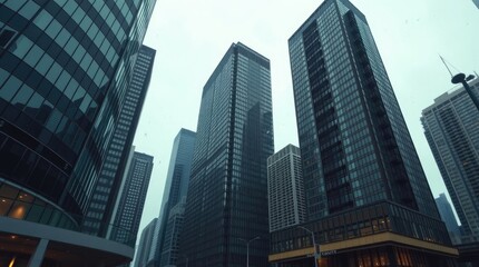 Obraz premium Precise architectural color photography of Toronto's Financial District skyscrapers during a soft rain. The image will highlight reflective surfaces, sharp lines 