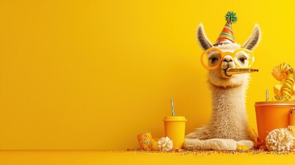 Llama celebrating with party hat and horn festive setting fun animal photography bright yellow background whimsical concept