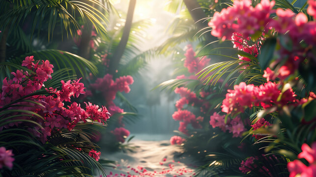 Fototapeta Path through the beautiful tropical rainforest with palms and flowers