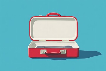 Retro Red Suitcase Open, Empty, Teal Background, Minimalist Illustration